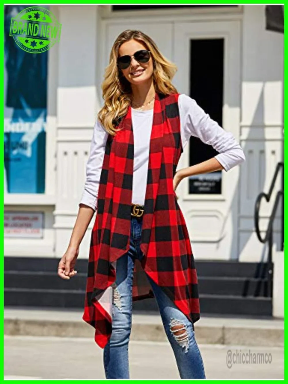 Sleeveless Duster Cardigan Plaid Open Front Vest Coat with Pockets Lightweight